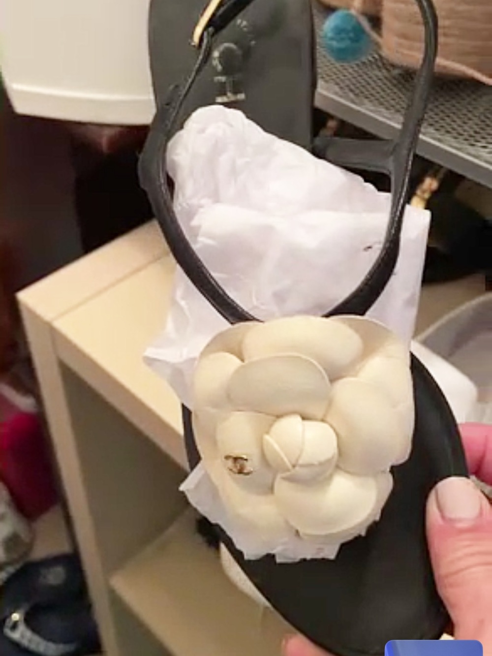 CHANEL Black Slingback Sandal with Cream Camellia